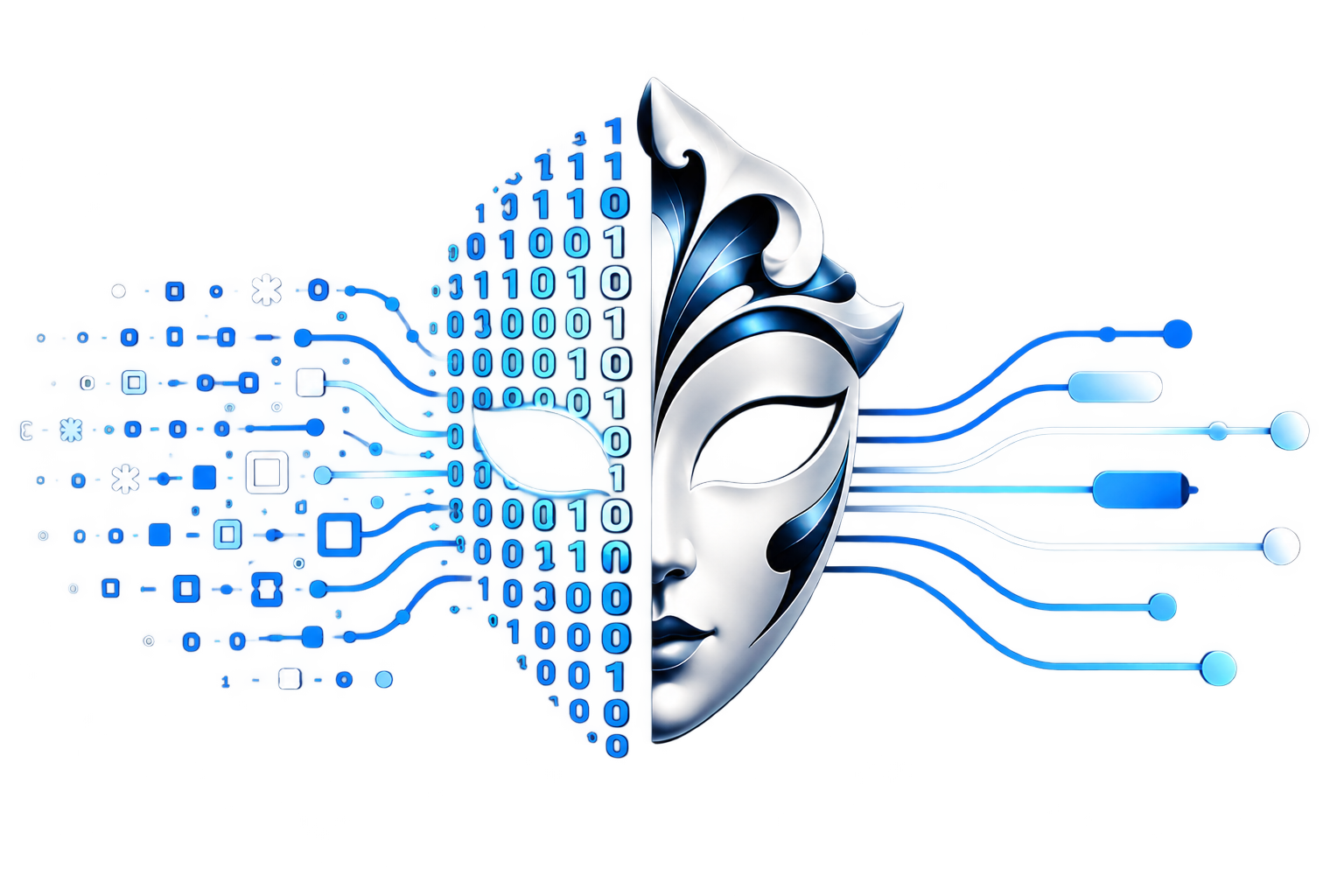Sensitive-data symbols and binary digits enter a Venetian mask from the left; structured output flows leave to the right.
